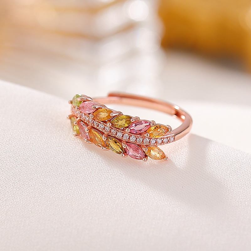 Nhẫn bạc S925 mạ vàng hồng đính đá tourmaline lông vũ mở điều chỉnh — bạc 925