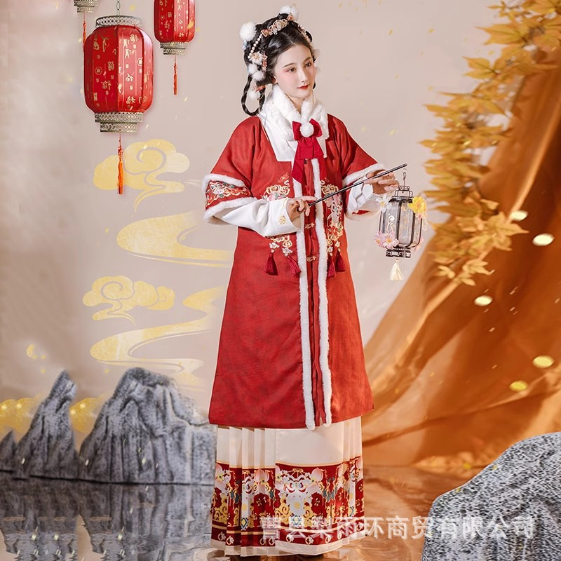 New Ming-Style Fleece-Lined Hanfu for Women, Autumn and Winter Fur Collar Embroidered Suit, Red and White Festive New Year Outfit, 2026