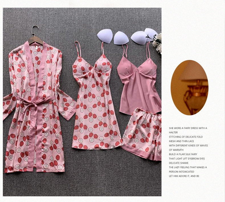 Pajamas Lingerie Type Polyester Fabric Type 4 Pieces Set Quantity Women's Strawberry Pajamas