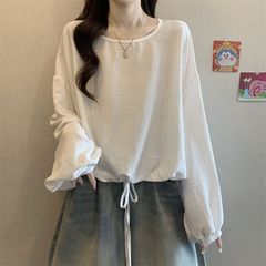冰丝起皱收腰抽绳设计长袖t恤女2025秋季新款韩版宽松显瘦上衣女