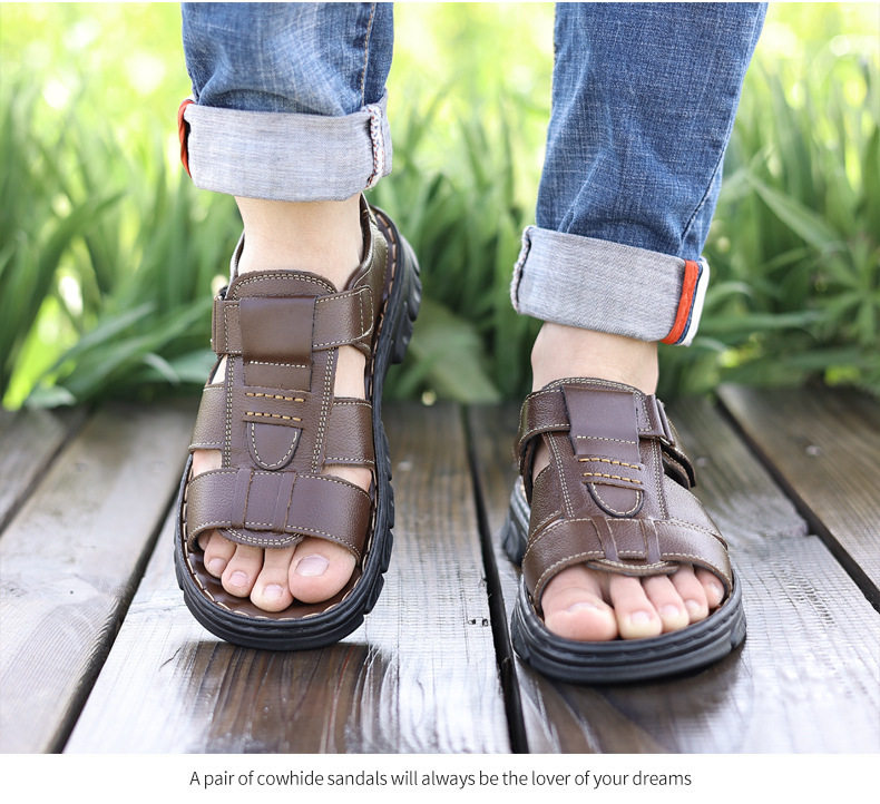 Dép sandal nam da bò hở ngón đi biển chống trượt — nâu, đen chi tiết 15