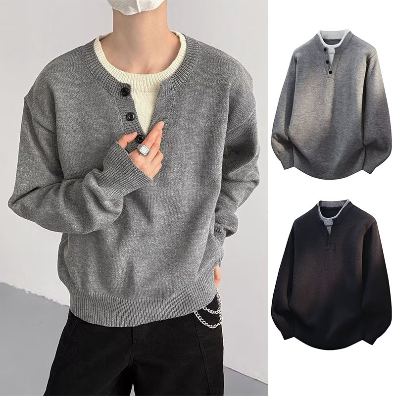假两件V领针织衫毛衣男纽扣老钱风慵懒高级秋冬毛衫外贸跨境批发