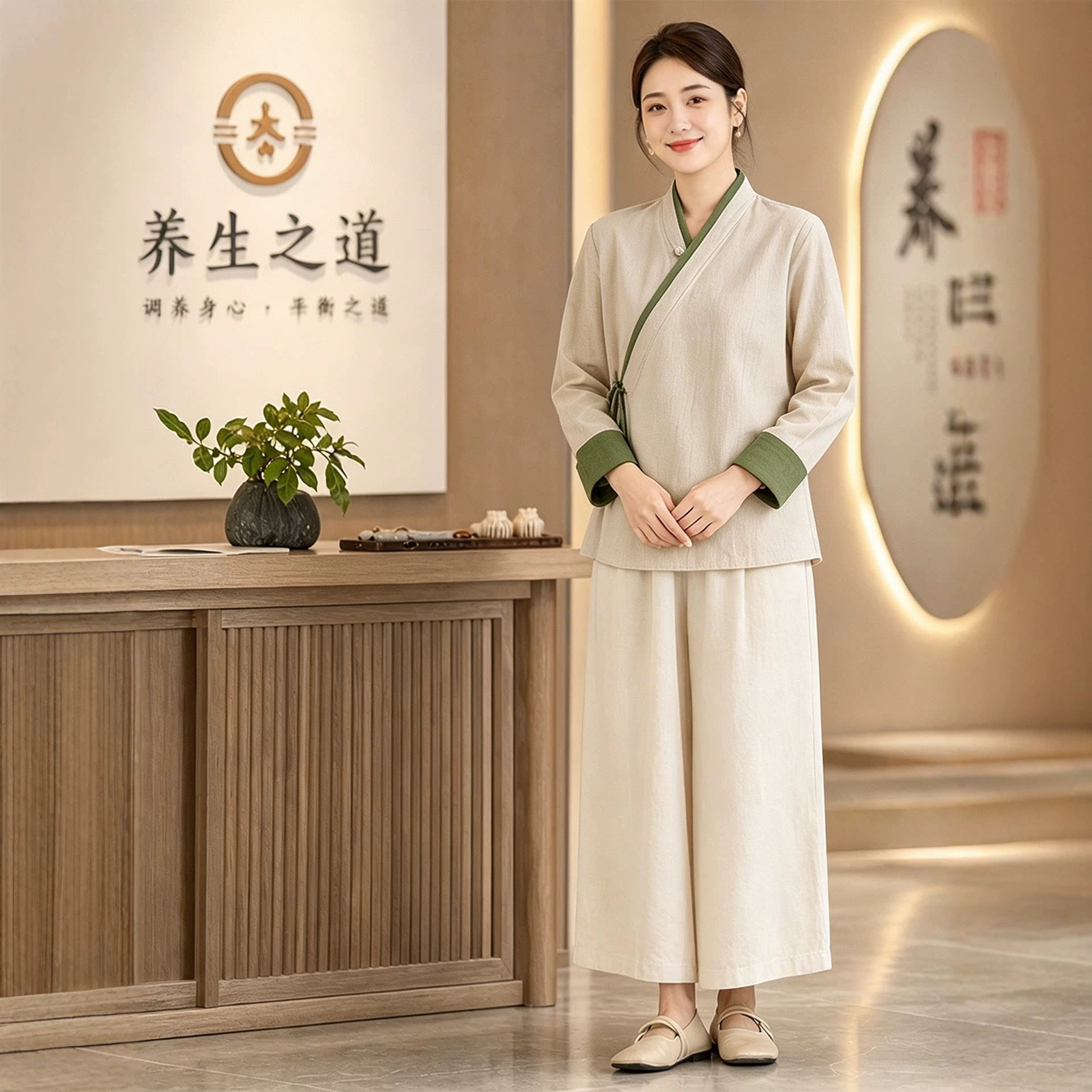 中医养生馆工作服纯棉国风斜襟系带汉服艾炙理疗推拿师服可定logo