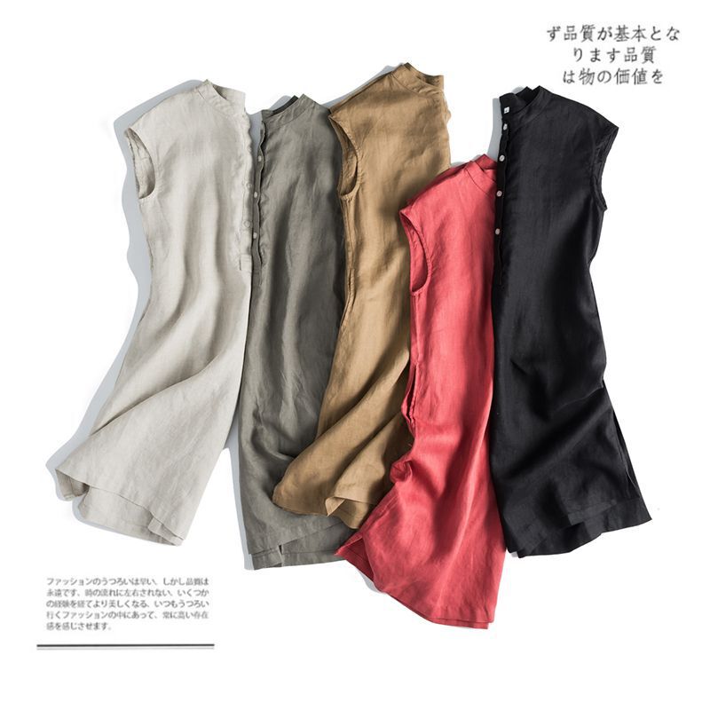 Customer-Supplied Pure Linen Artistic Loose Lace-Up Round Hem A-Line Stand Collar Half-Open Mid-Length Sleeveless Dress for Women