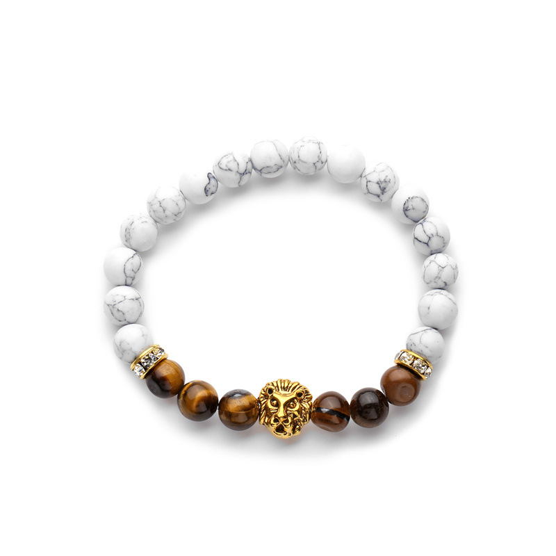 Pulsera de cuentas de piedra esmerilada de pino blanco transfronterizo europeo y americano colorido Ojo de tigre piedra cabeza de león pulsera de cuentas hombres y mujeres joyas