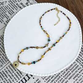 2025新款复古民族风太阳吊坠项链中古轻奢高级感天然石串珠毛衣链