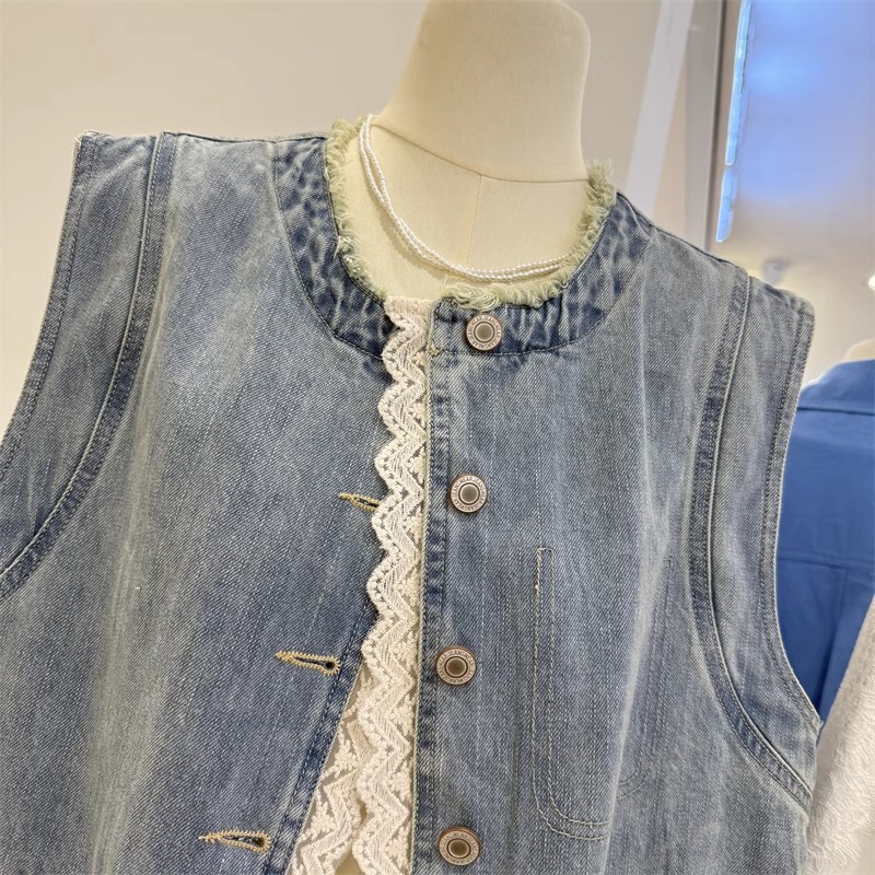 Spring fashionable lace retro denim jacket sleevless