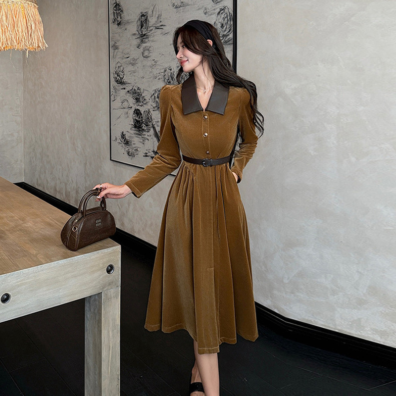 9962 European and American Cross-Border Export Women's Clothing Goddess Style Long-Sleeved Corduroy Waist Slit Large Hem Dress for Women