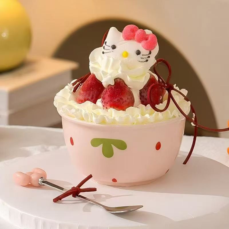Hello Kitty Strawberry Cake Bowl and Spoon Set with Underglaze Color, Ceramic Tableware, High Aesthetic Value, Trendy Bowl Hello Kitty Strawberry Cake Bowl and Spoon Set with Underglaze Color, Ceramic Tableware, High Aesthetic Value, Trendy Bowl