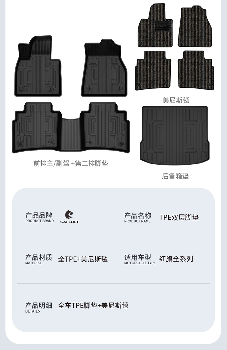 Suitable for Hongqi H6, HS3, HS5, HS6, PHEV, E-QM5, special colorful TPE car floor mats and trunk mat