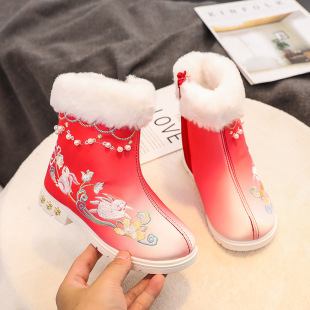 Rabbit cotton 2023 Winter New gradient girls' embroidered boots Chinese style baby ancient style children's Hanfu boots