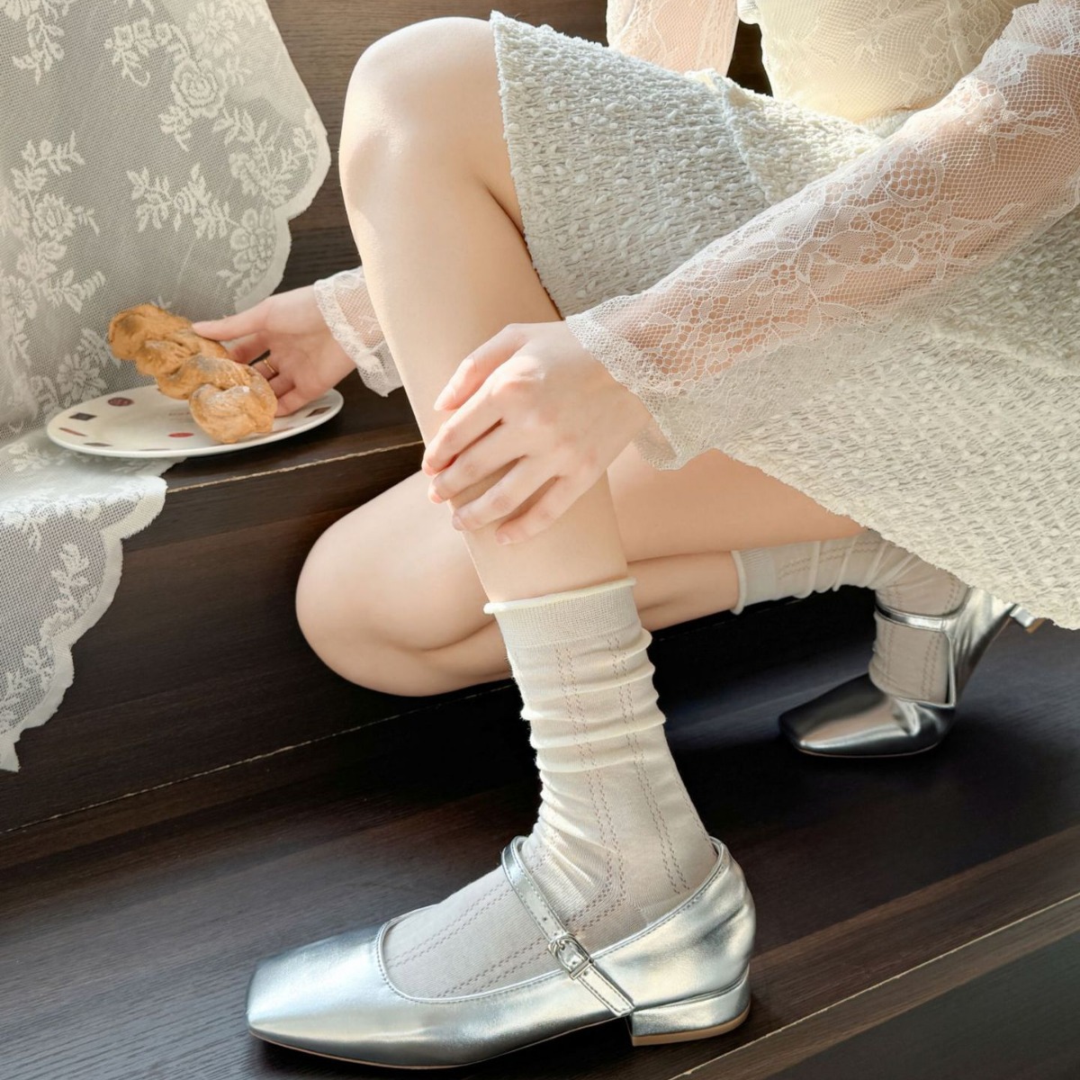Pile socks summer thin mesh breathable sweat-absorbent white women's…