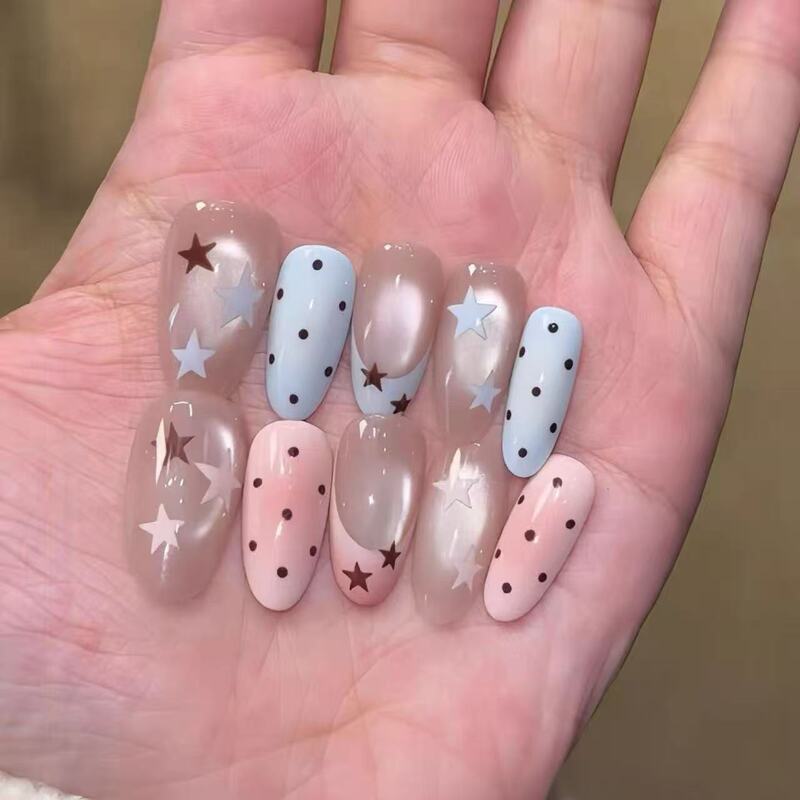 Purely Handmade Wearable Nails 2026 New Model Ice-Transparent Cat-Eye French Polka Dot Medium-Length Nail Pieces Gentle Style Detachable