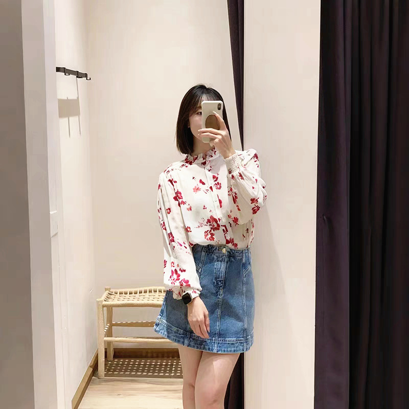 2025 년 초 봄 새로운 프랑스 스타일 트윈 로즈 쉬폰 인쇄 어깨와 귀 가장자리 텍스트 셔츠 탑