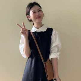 早秋穿搭新款显瘦一整套黑色无袖连衣裙子女长袖衬衫上衣两件套装