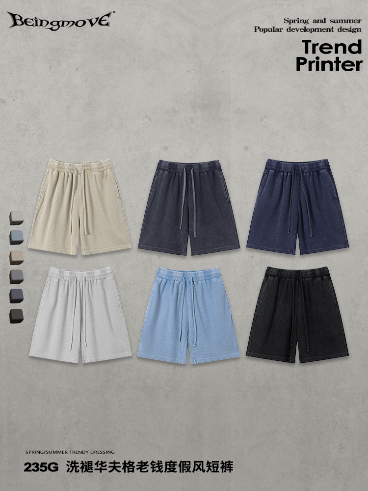 Calle seca americana vintage waffle 235g pantalones cortos de hombre lavado con agua para hacer viejos pantalones sueltos y transpirables image 5