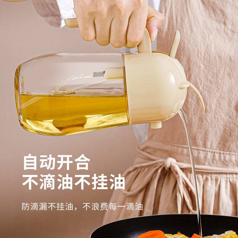 Glass oil dispenser with spray function—dual-purpose kitchen oil bottle, household food-grade non-stick glass seasoning bottle.