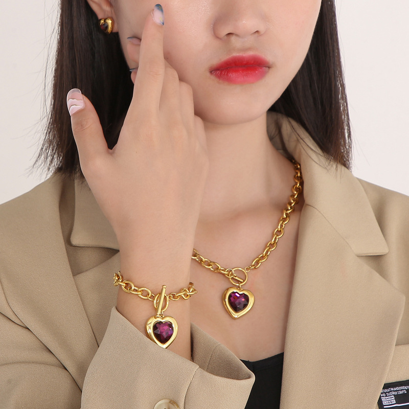 Fashion Heart Shape Stainless Steel Plating Inlay Glass Bracelets Earrings Necklace