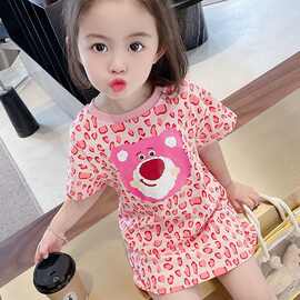 2026春夏季新款女童粉色豹纹小熊中长款T恤裙儿童卡通短袖连衣裙