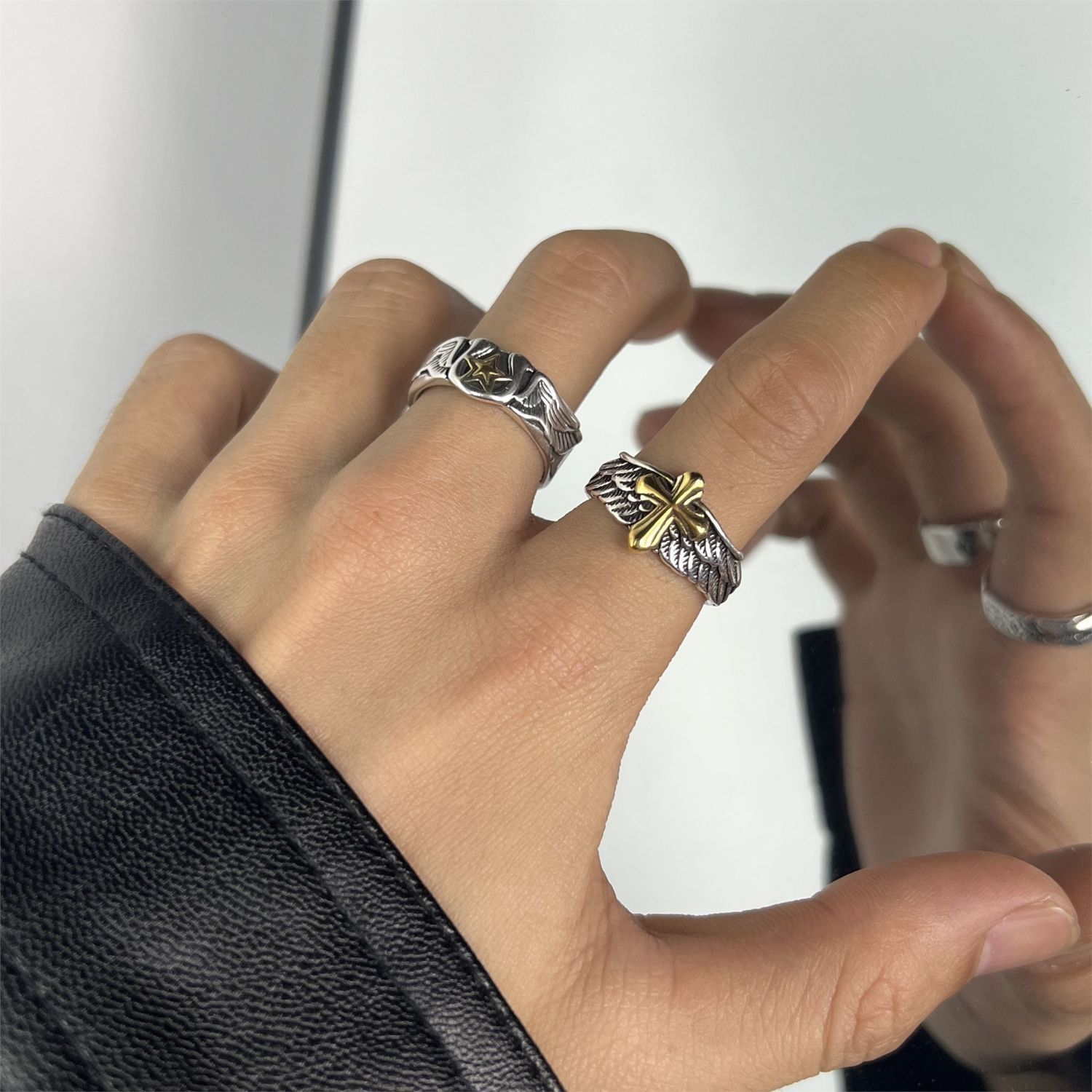 Anelli impilabili da uomo, ala vintage placcata in argento per uomo, anello per indice alla moda hip-hop con croce singola e stella, anello impilabile_voghion.com