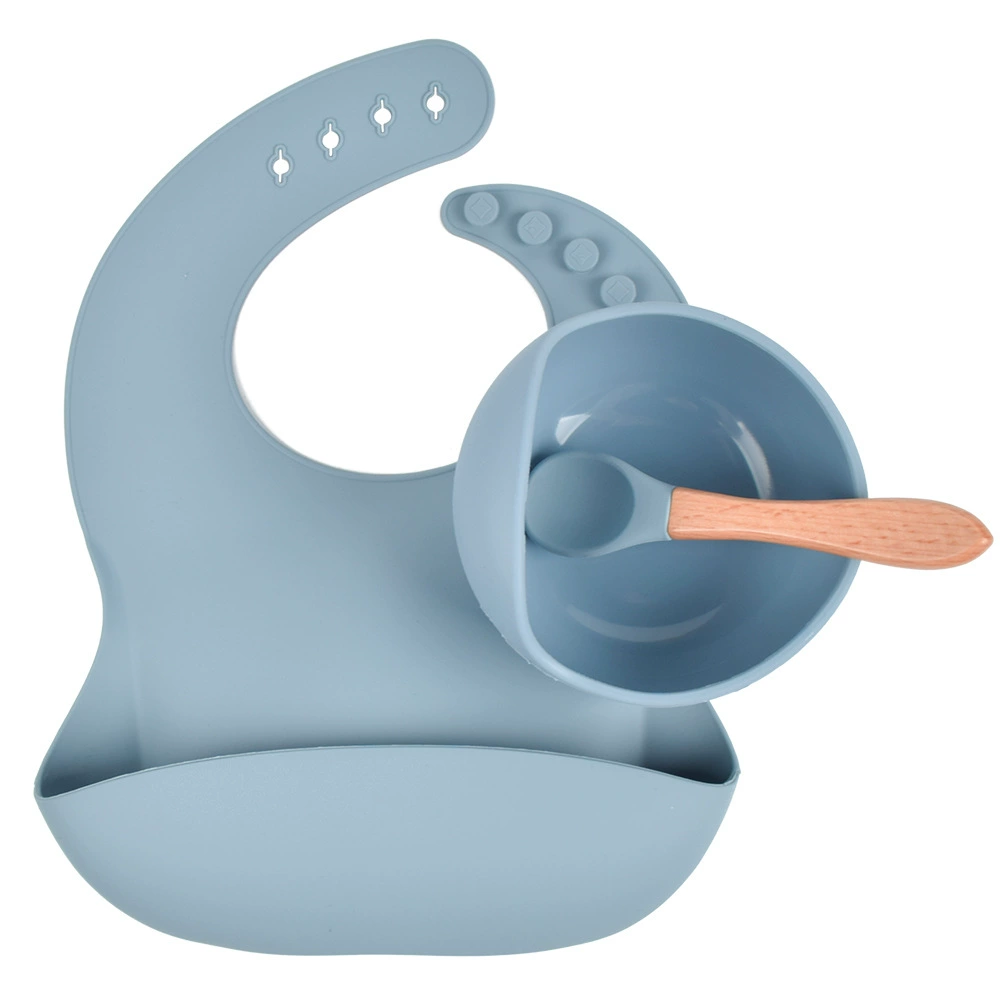 Silicone children's tableware set — bib, bowl and spoon with suction base, multi-color