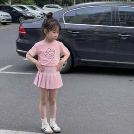 女童夏装短裙套装韩系女孩夏季短袖T恤中大童学院风百褶裙两件套