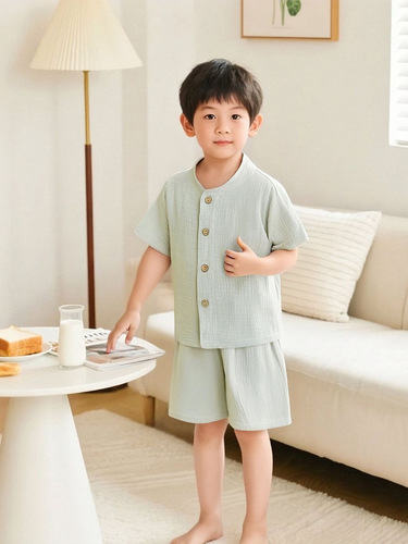 Children's Summer Double-layer Cotton Fabric Pajama Set for Boys and Girls, Small Babies 0-5 Years Old, Short-sleeve Home 2-piece Set