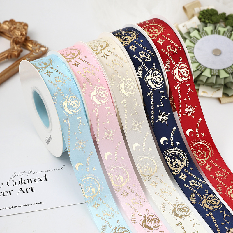 2.5cm Embossed Gold Foil Ribbon for DIY Decoration, Handmade Ribbon for Support Sticks and Gift Wrapping