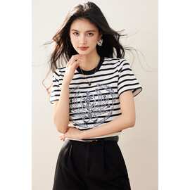 设计感复古条纹纯棉短袖t恤女夏季百搭时尚休闲圆领印花打底上衣