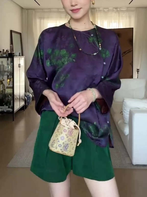 新中式紫色底孔雀羽毛印花真丝国风盘扣轻奢气质圆领阔版上衣45|undefined