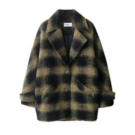 跨境外贸2025新款欧美风时尚女装格子羊毛混纺大衣外套8826787