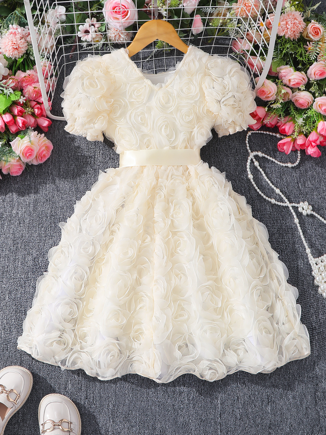 Vestido de niña (pequeño), vestido de fiesta elegante de rosa tridimensional
