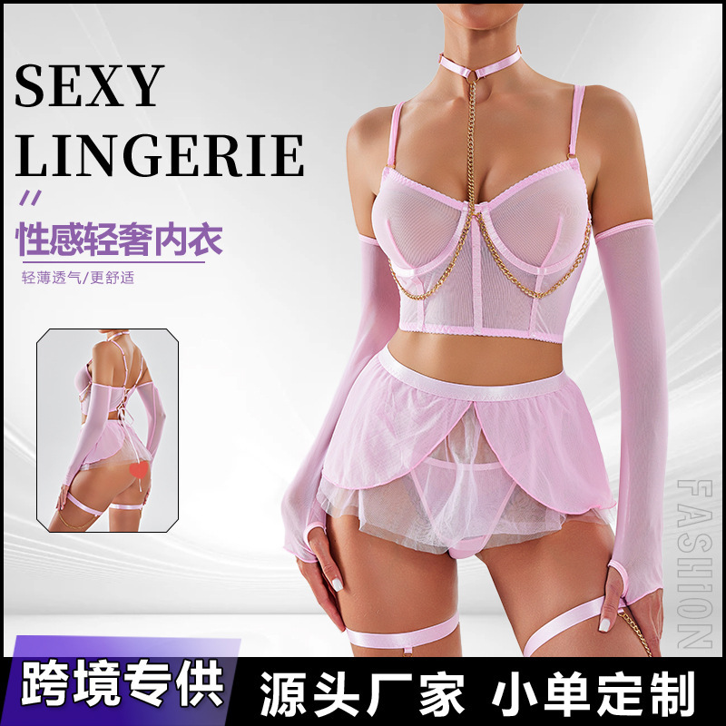European and American Style Pure Desire Sexy Large Bust Minimizing Anti-Sagging Mesh Lingerie Women's Tie-Up Leg Ring Erotic Fishbone Bra Set European and American Style Pure Desire Sexy Large Bust Minimizing Anti-Sagging Mesh Lingerie Women's Tie-Up Leg Ring Erotic Fishbone Bra Set