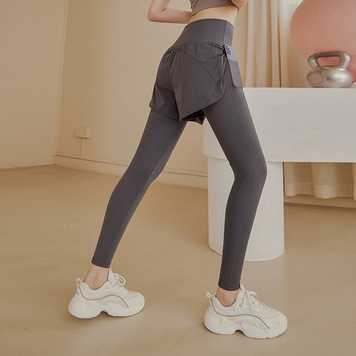 Fake two-piece yoga pants for women, high-waisted butt-lifting, tummy-tightening running pants, stretch tight sports pants, fitness pants, trousers for spring and autumn