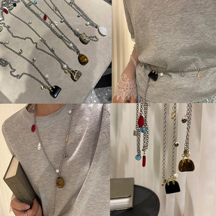 Cold wind tiger eye stone bag pendant long necklace women a multi-wear retro fashion elegant sweater chain waist chain