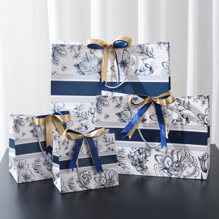 Blue bow gift bag high-end birthday gift bag vintage flower paper bag cross-border handbag