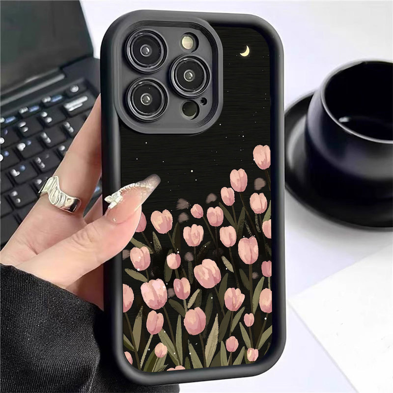 Black Tulip Ladder Black New Groove Suitable for Iphone/15/16/17Promax Mobile Phone Case Protection