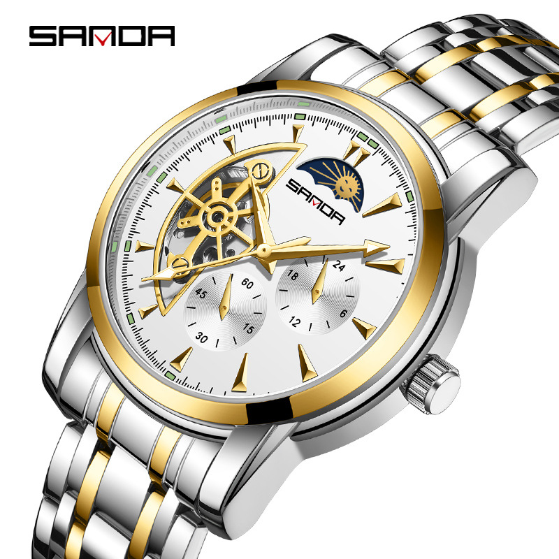 Sanda 7009 correa de acero para hombre reloj mecánico automático con 24 horas multifunción