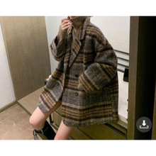 粗花呢子中长款大衣2025秋冬新款韩范宽松风衣加厚格子毛呢外套女