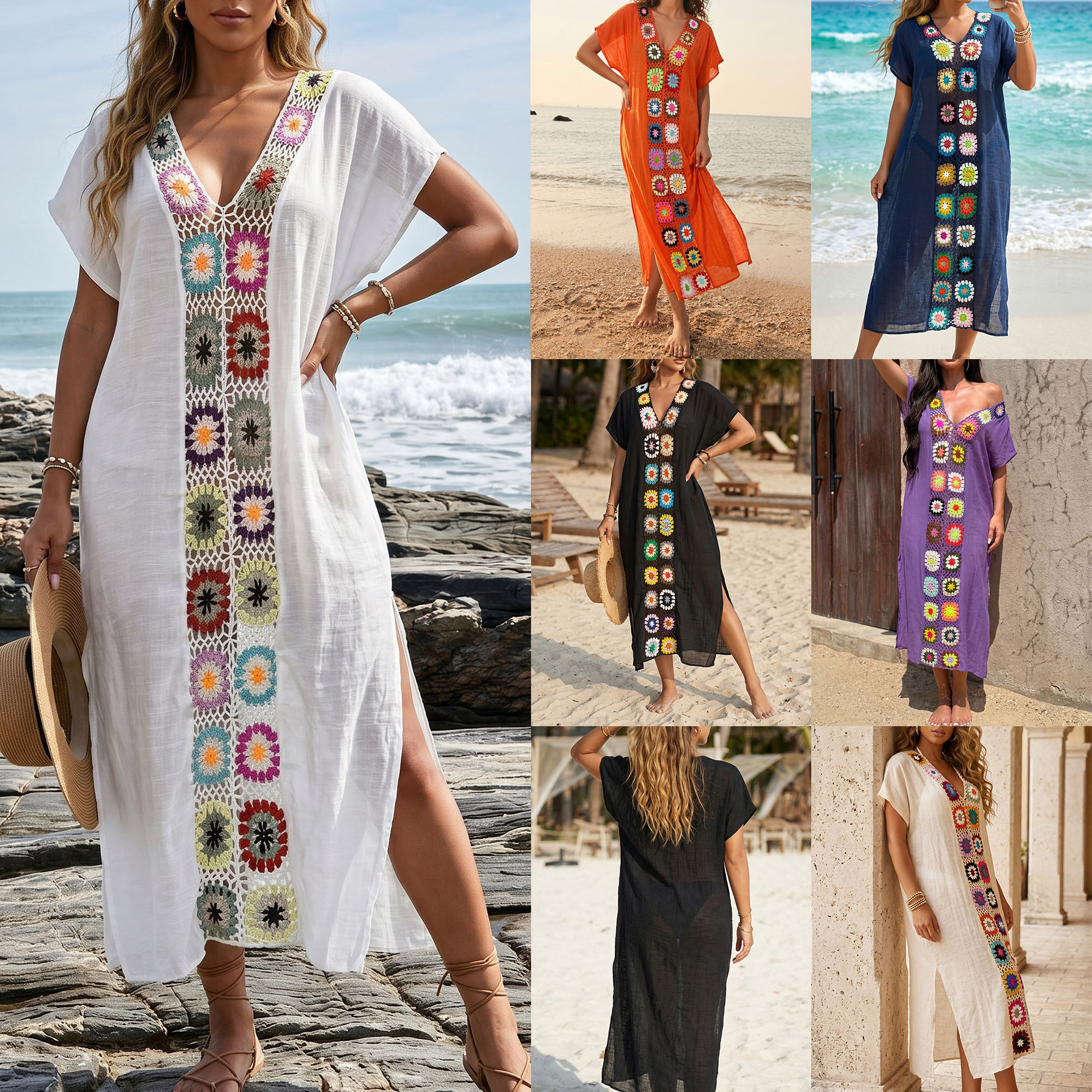 Beach Cover-Up with Hand-Crocheted Flowers, Random Mixed Colors, Sexy Beach Cover-Up for Women, Cross-Border European and American Fashion