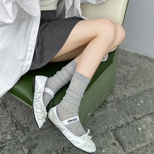 Ballet style Gray boneless socks women's mid-calf socks ultra-thin spring and summer combed cotton striped pile socks with small leather shoes