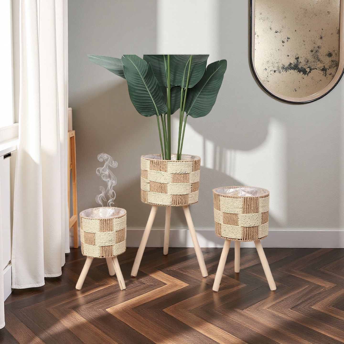 Transfronterizos nórdicos madera maciza tela de caña estante de flores sala de estar combinación de piso de bambú trenzado estante de almacenamiento balcón estante de maceta de flores de lotus verde