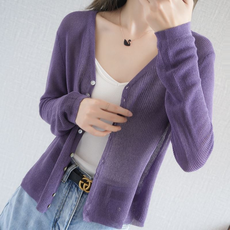 New Women's Ice Silk Knitted Sun Protection Clothing Small Cardigan Summer Outer Wear Loose Short Linen Air-conditioning Shirt V-neck Thin