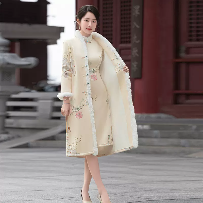 2025新款春季加绒中式国风旗袍式棉服外套女加厚高贵长款旗袍套装
