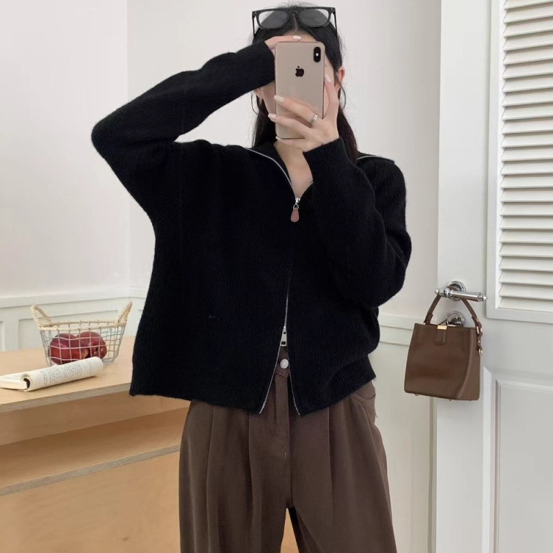 双拉链毛衣外套女秋冬新款设计感翻领宽松加厚针织开衫外穿上衣女|undefined