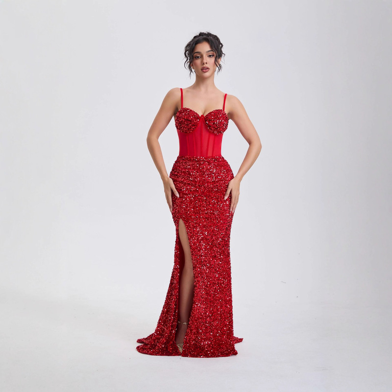 European and American Cross-Border Popular Heavy-Duty High-Density Sequin Tube Top Suspender Long Skirt Banquet Slit Slimming Aura Model Evening Dress