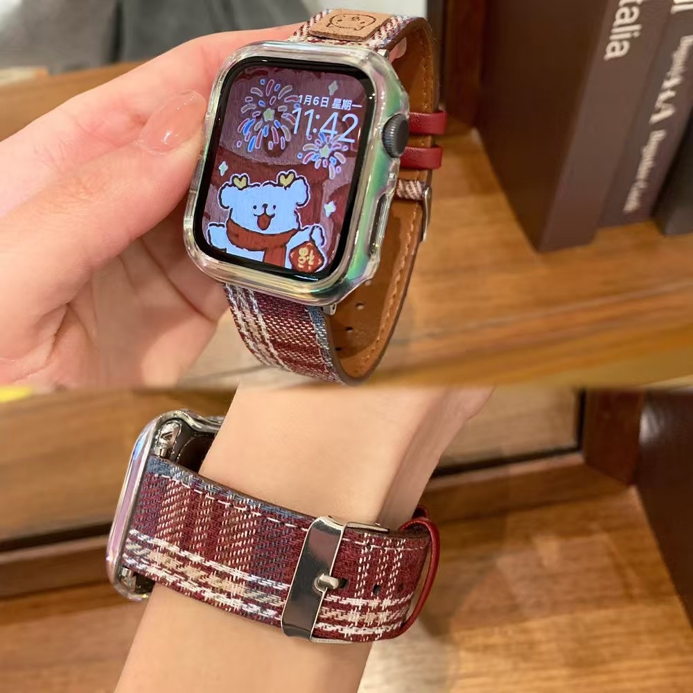 Suitable for Applewatch Apple Watch S10 Strap Xiaomi 9Pro8 Cartoon Woolen Plaid Leather Strap