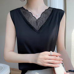 春夏V 領真絲吊帶新款女緞面洋氣性感蕾絲背心上衣西裝內搭無袖女