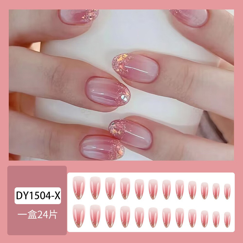 24 piezas en caja de manicura corta rosa venta caliente brillo dorado pegatinas de uñas en forma de almendra de alta calidad image 7