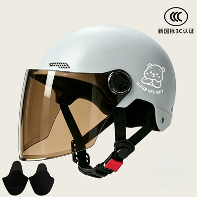 and women's battery car four seasons: Motosiklet kaskı (dəbilqə) - 02-gray-brown-long-mirror-silver-white-bear-ear-protection